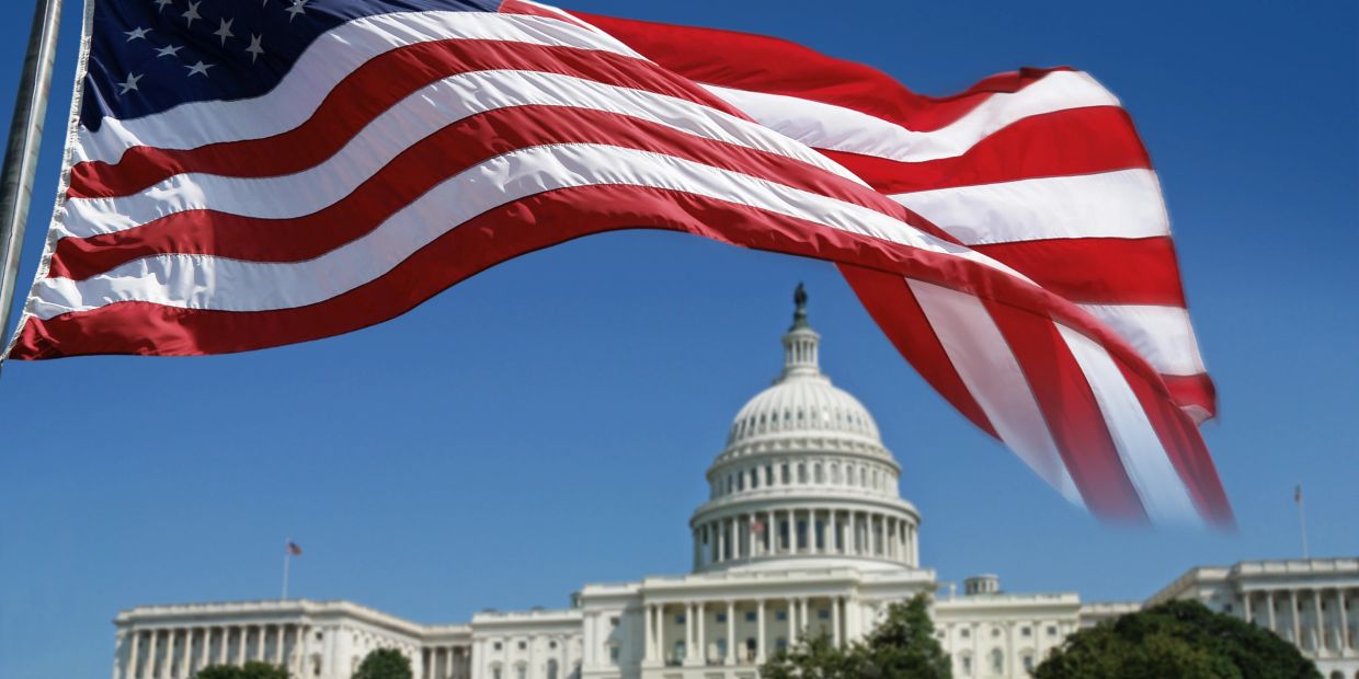 American flag waving in front of the Capitol building.