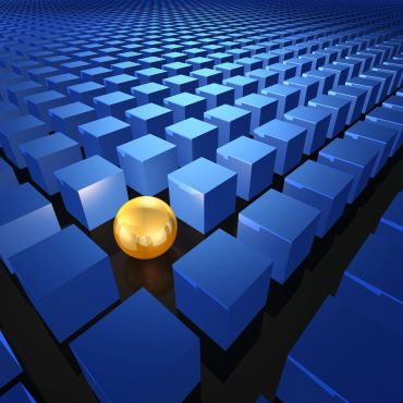 Golden sphere among blue cubes.