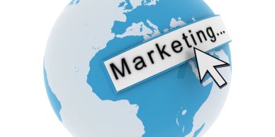 Cursor clicking on 'Marketing' over a globe representing global marketing.