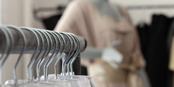 Close-up of empty hangers with blurred clothing in the background.