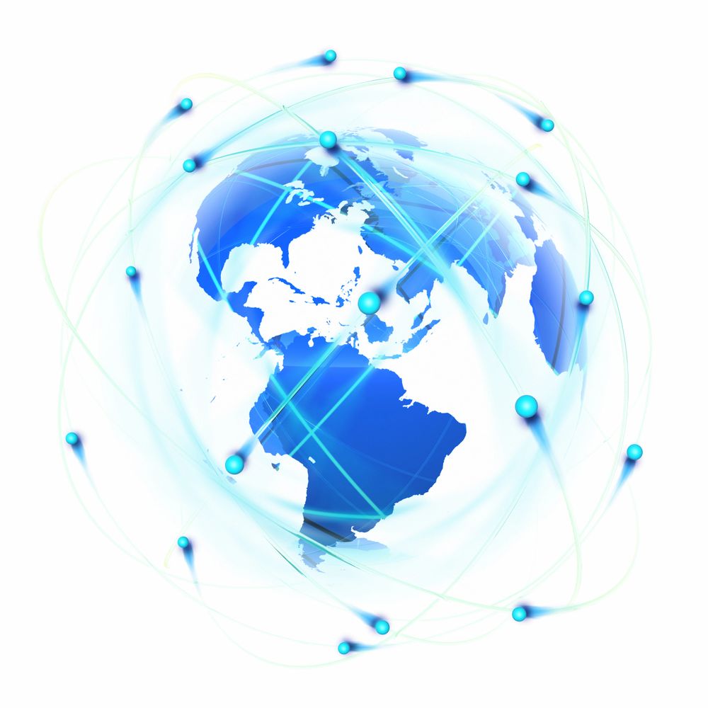 Blue globe with connecting nodes representing global network connectivity.