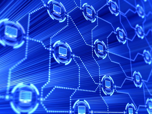 Digital network representing interconnected computer systems in blue.