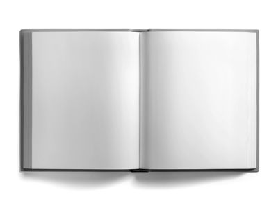 Open book with blank white pages.