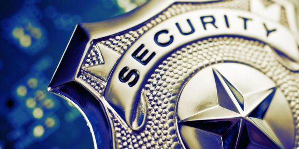 Close-up of a security badge with a star emblem.