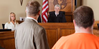 Judge presides over courtroom with defendant and lawyer present.