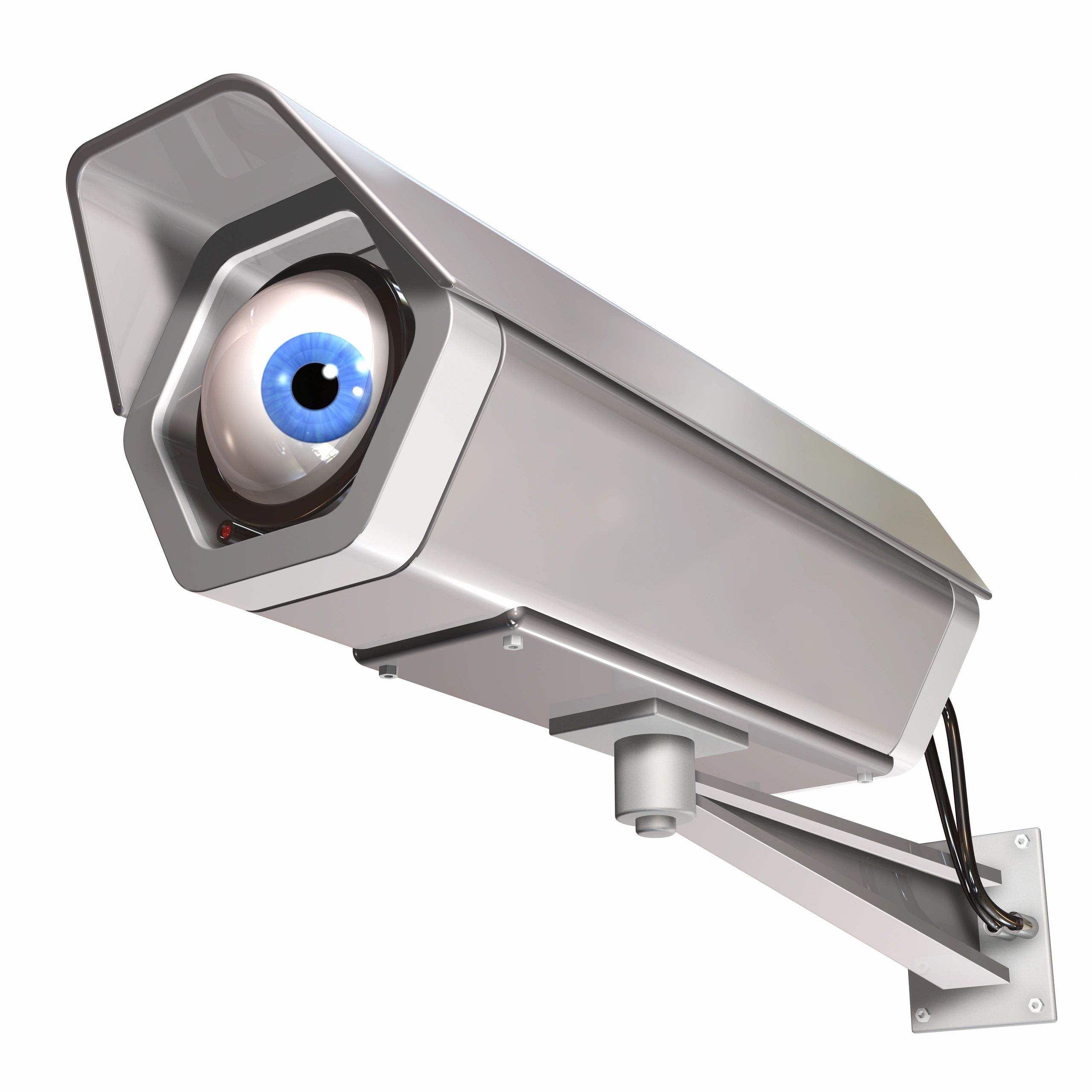 Security camera with a large blue eye replacing the lens.