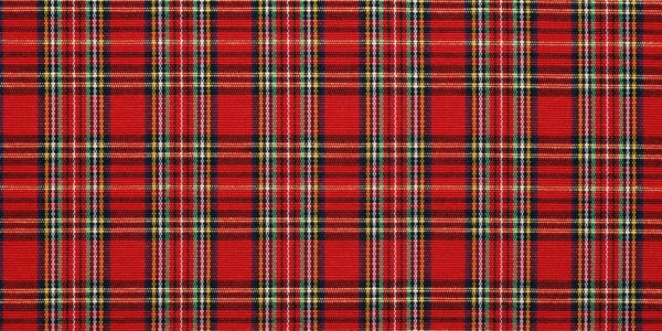Red tartan plaid fabric with intersecting lines in black, white, and yellow.