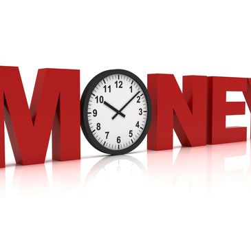 Word MONEY with a clock as the letter O symbolizing time is money.
