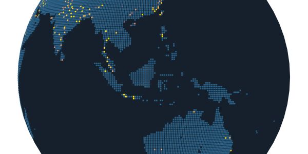 Digital globe highlighting Southeast Asia and Australia with yellow data points.