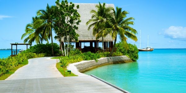 Tropical island bungalow surrounded by palm trees and clear turquoise water.