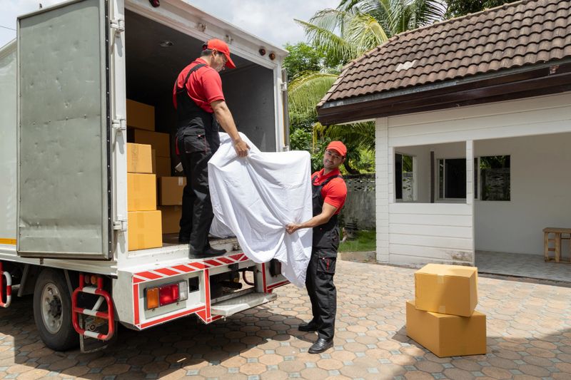 Portrait of two movers unloading boxes and furniture from a pickup truck.