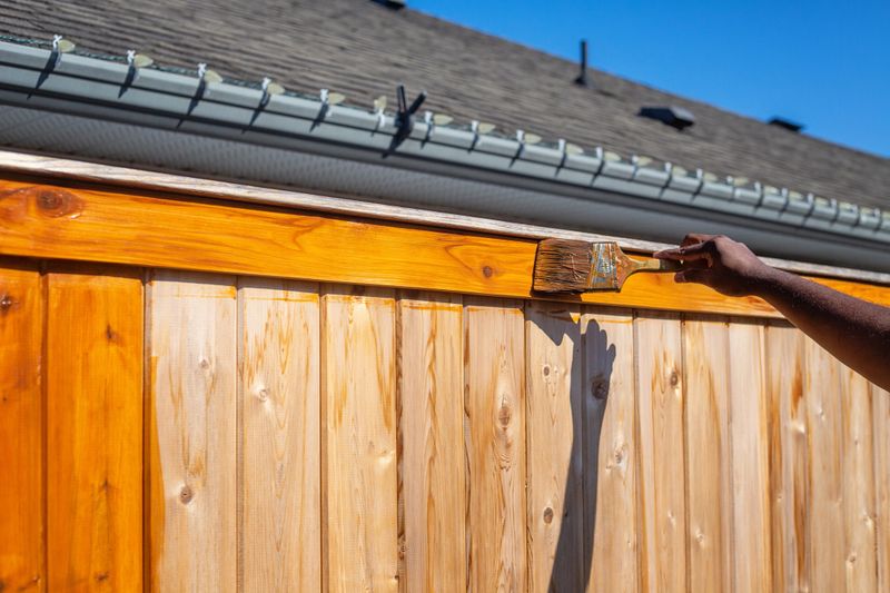 An East Indian man's hand is applying cedar stain to an outdoor fence.