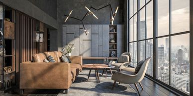 Modern living room with large windows and city view.