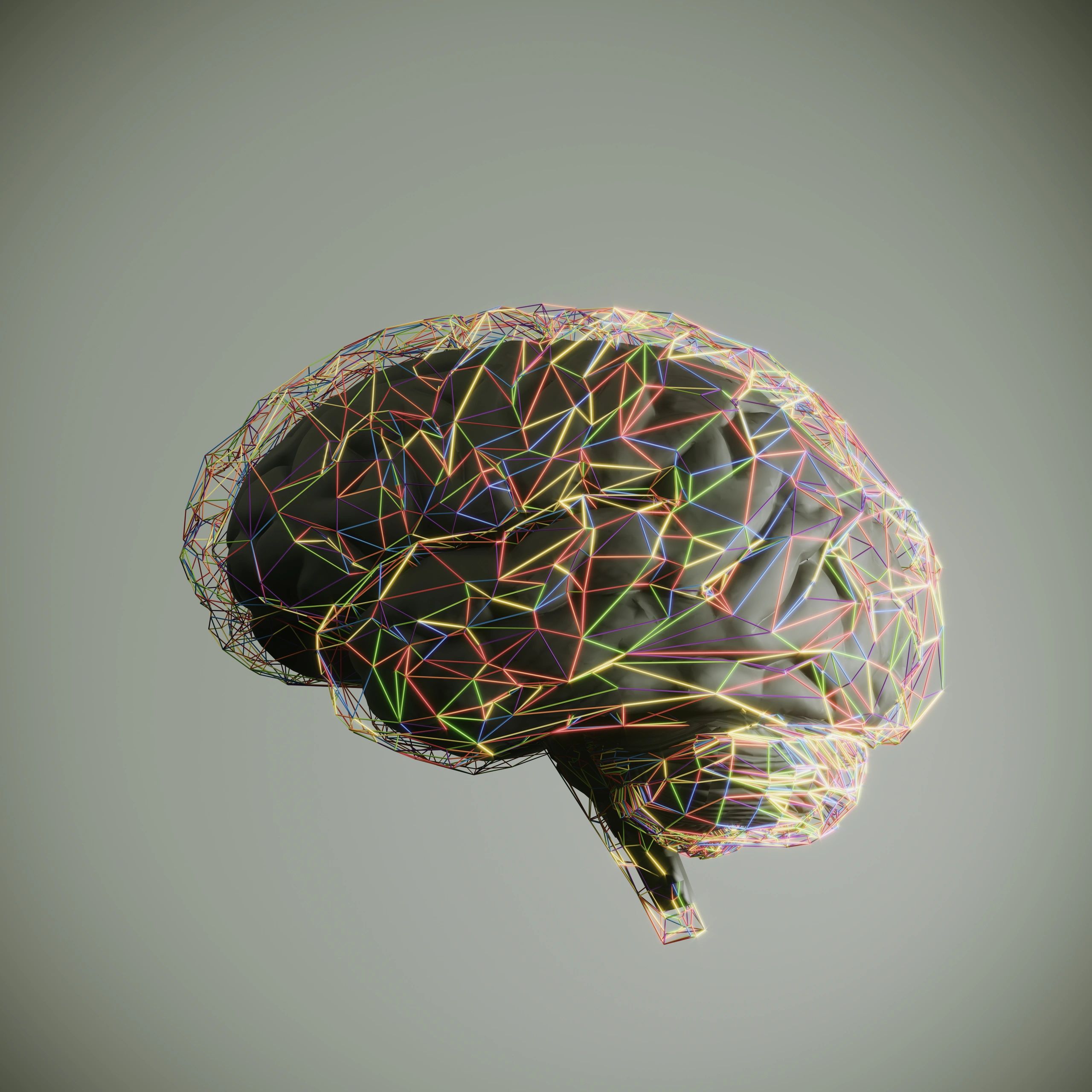 3D brain model with colorful neon wireframe overlay on a gray background.