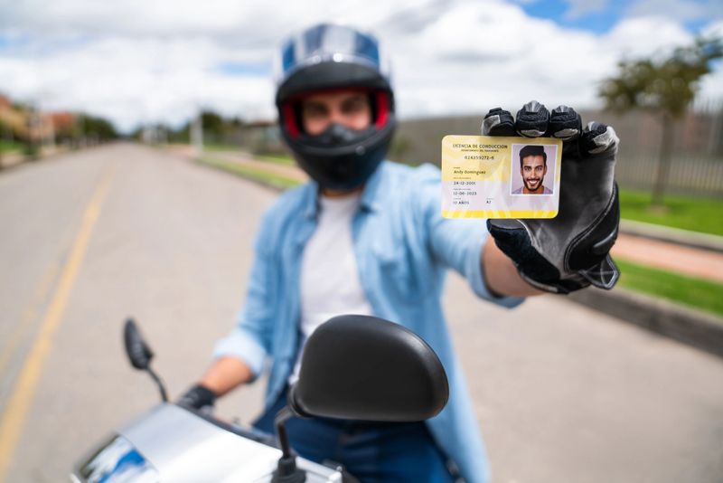 Motorcycle driver holding his driver's license and showing it to the camera - transportation concepts