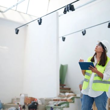 Female engineer inspecting a construction site while holding a clipboard.