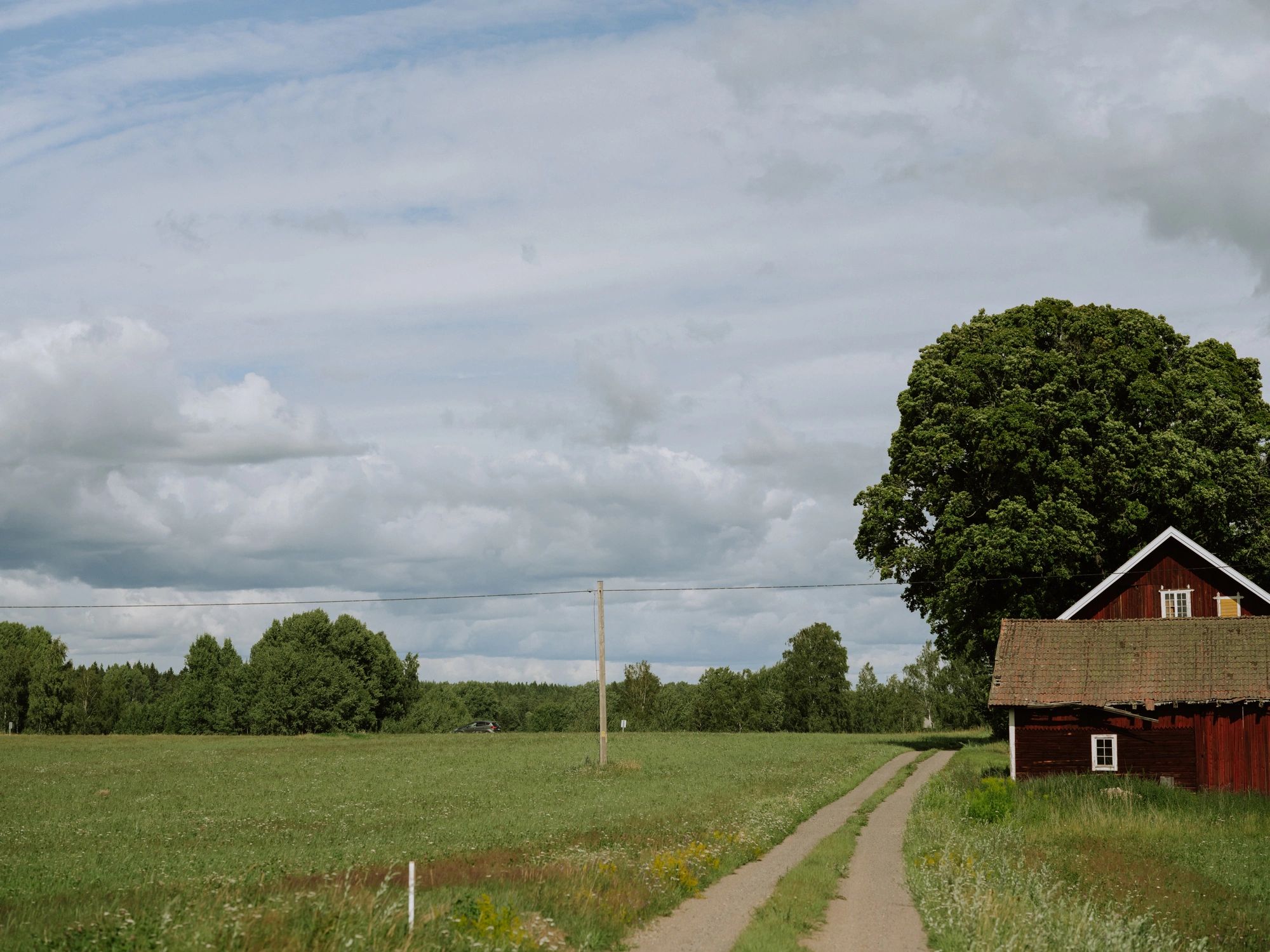 A rural scene with a green field, a dirt road, and a red barn under a cloudy sky.