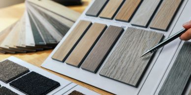 Person pointing at wood laminate samples.