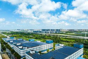 Buildings with green rooftops and trees.