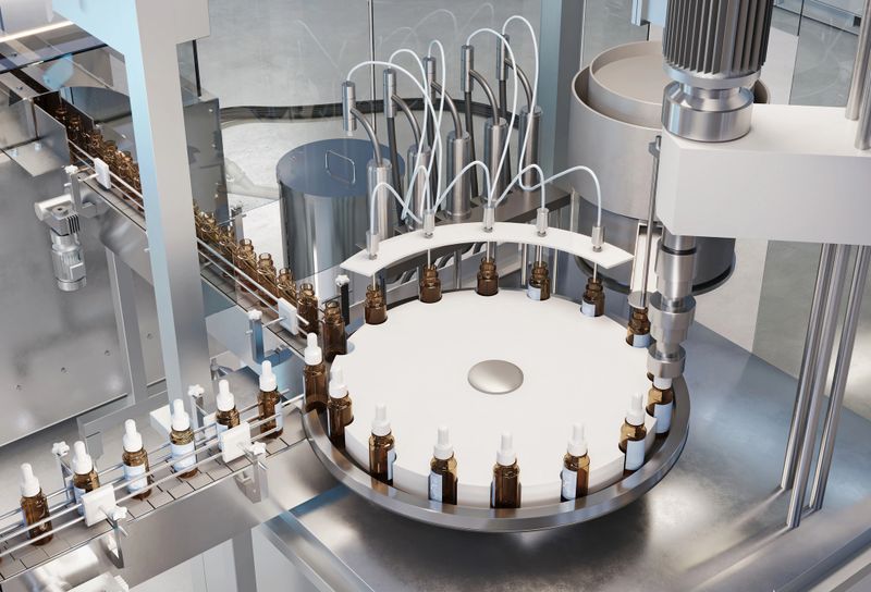 3D rendering of an automatic medicine manufacturing plant. Medicine bottles filling and sealing machine in  pharmaceutical manufacturing production line.