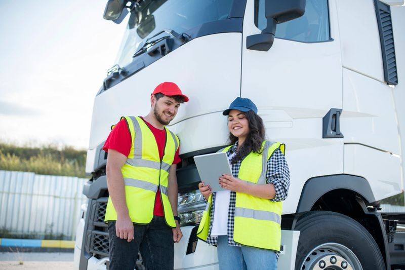 Trucker coworkers having a convesaion.Male and female truck driver colleagues talking.