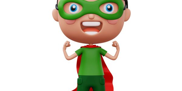 Happy cartoon superhero boy flexing muscles.