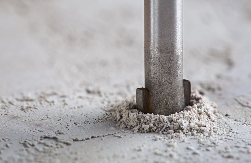 metal drill bit make holes in concrete wall on industrial drilling machine with shavings. Metal work industry