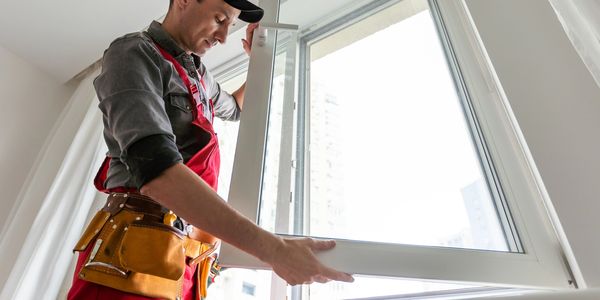 Worker installing a window inside a building.