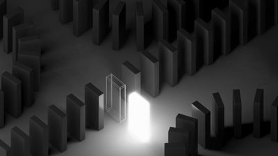A glowing door stands open among dark dominoes in a surreal scene.