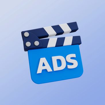 Blue and white film clapperboard with 'ADS' text on a light blue background.