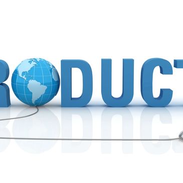 Word 'PRODUCT' with globe and computer mouse symbolizing global product reach.