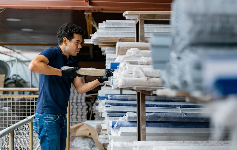 Latin American employee working at a wood factory and carrying a batten while wearing ear plugs