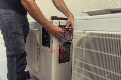 Technician fixing an air conditioning unit's electrical components.