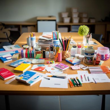 A table filled with colorful stationery and art supplies in a creative workspace.