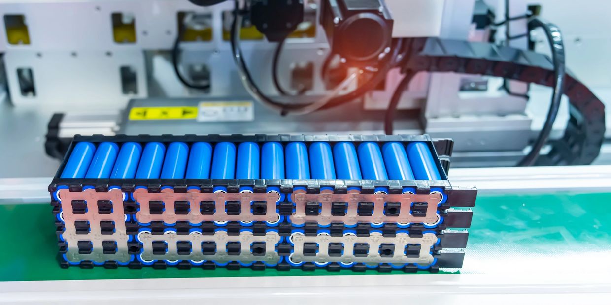 Blue cylindrical battery cells arranged in a pack on a production line.