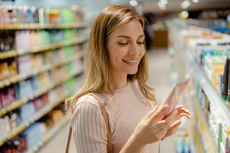 Young woman reading ingredients of skin care product while shopping at the store. Personal care and modern cosmetology
