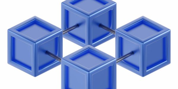 Four blue interconnected cubes representing blockchain technology.