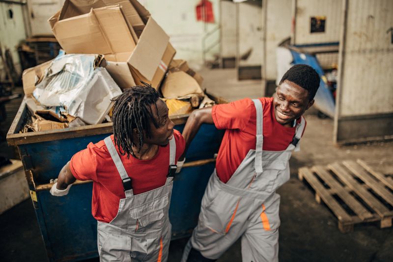 Two workers in recycling centre moving big dumpster with paper