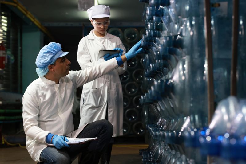 Female and Male Water analysis in Drinking water factory, The water sampling quality check before delivery to consumers.