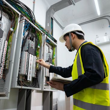 Electrician inspecting circuit breakers in a panel.