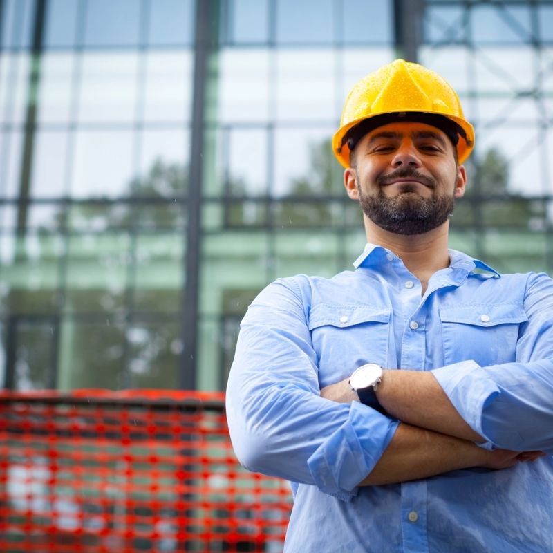 White male construction manager looking satisfied  with arms crossed