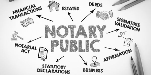 Diagram showing various functions of a notary public with colored pencils and a pen.
