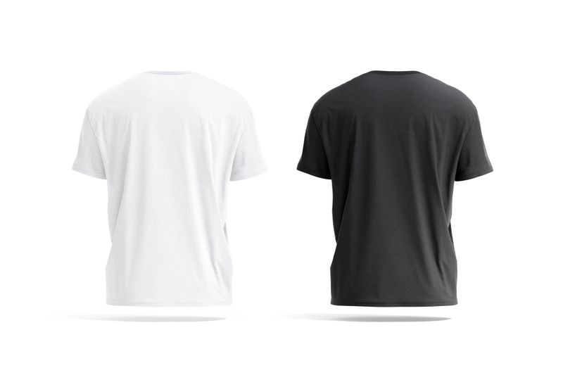 Blank black and white oversize t-shirt mockup, back view, 3d rendering. Empty casual wrinkled oversized apparel mock up, isolated. Clear cloth big tshirt model with crewneck template.