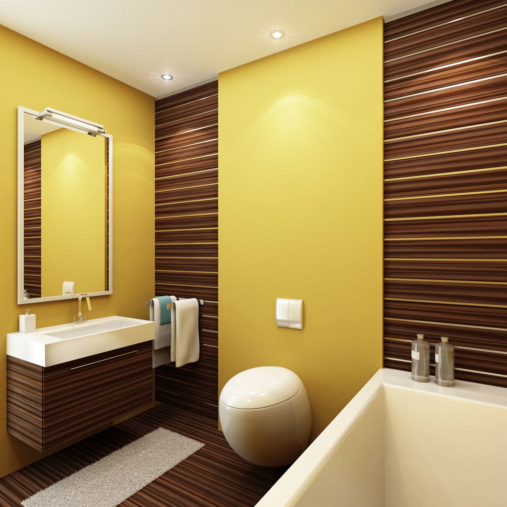Modern bathroom with yellow walls and wood paneling.