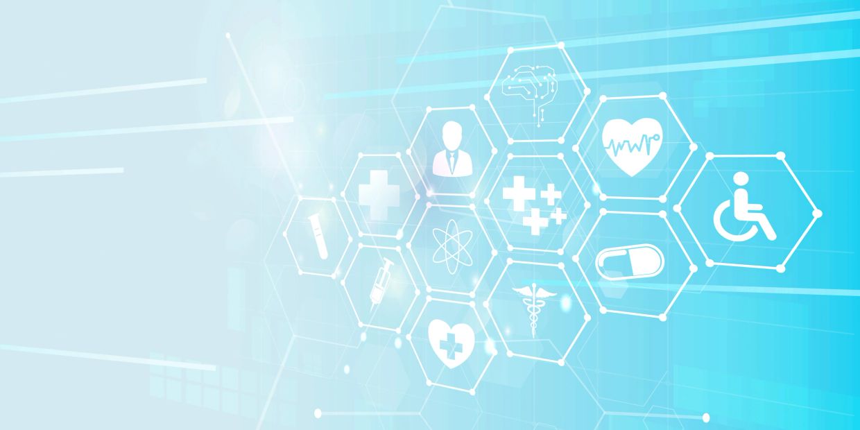Abstract blue background with medical and healthcare icons in hexagons.
