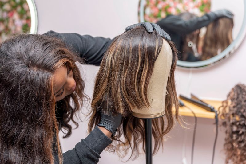 a young hairdressing student working the wig on mannequin's head
