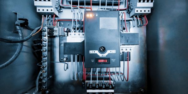 Electrical control panel with wires and circuit breakers.