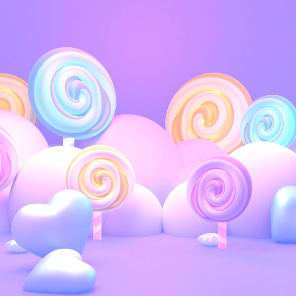 Pastel candy landscape with lollipops and heart shapes.