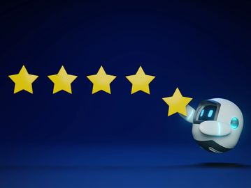 Robot holding a yellow star rating against a dark blue background.