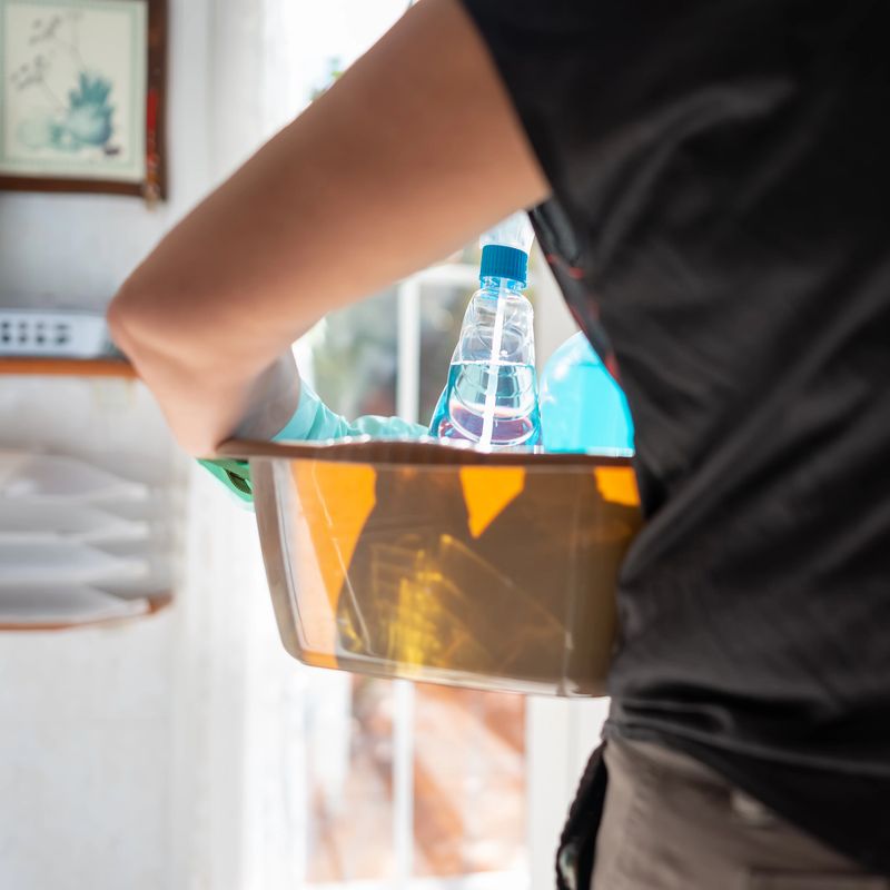Woman on her back holding a bucket full of cleaning supplies to do the cleaning of the home
